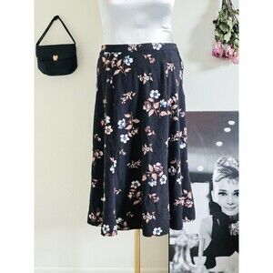 Vintage 90s Y2K Black Floral Rayon A-Line High Waist Midi Skirt L